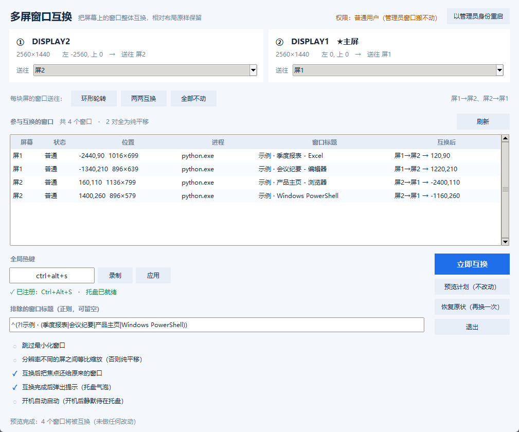 多屏窗口互换 主界面：上方是每块显示器的信息卡片和「送往」下拉，中间是窗口列表和互换后的目标位置，下方是全局热键与选项